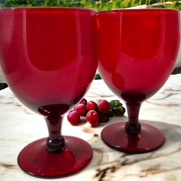 Ruby Red Wine Glass Set of 4 MCM Hand Blown Water/Wine Stemware Goblets - Picture 2 of 12